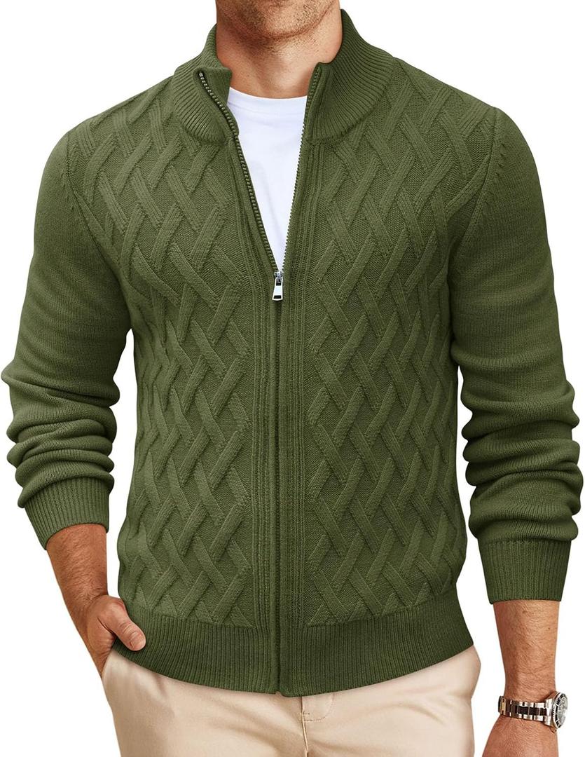 Yousify Mens Cardigan Sweater Full Zip Cable Knitted Stand Collar Cardigan Casual Long Sleeve Sweaters Army Green, XL