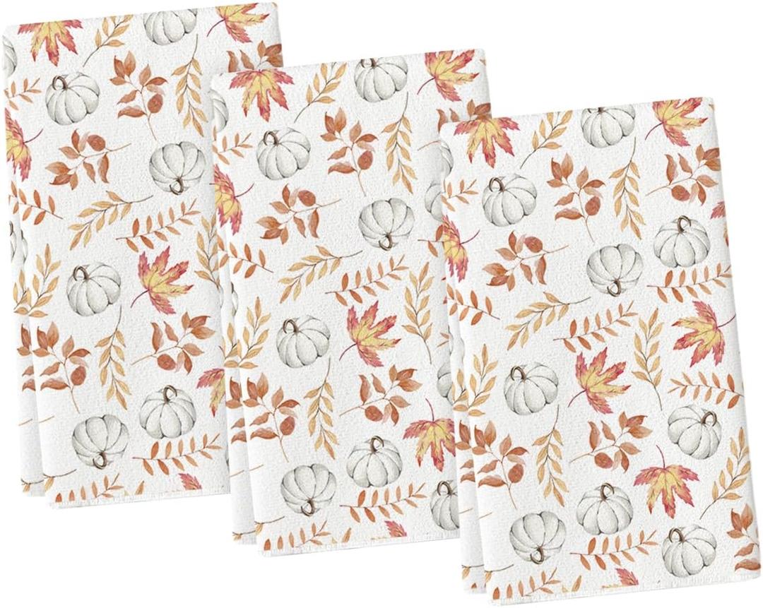 Artoid Mode Orange Eucalyptus Leaves Pumpkin Fall Kitchen Towels Dish Towels, 18x26 Inch Seasonal Decoration Hand Towels Set of 3