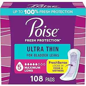 Poise Ultra Thin Incontinence Pads & Postpartum Pads for Bladder Leaks, 5 Drop Maximum Absorbency, Long Length, 108 Count, Packaging May Vary