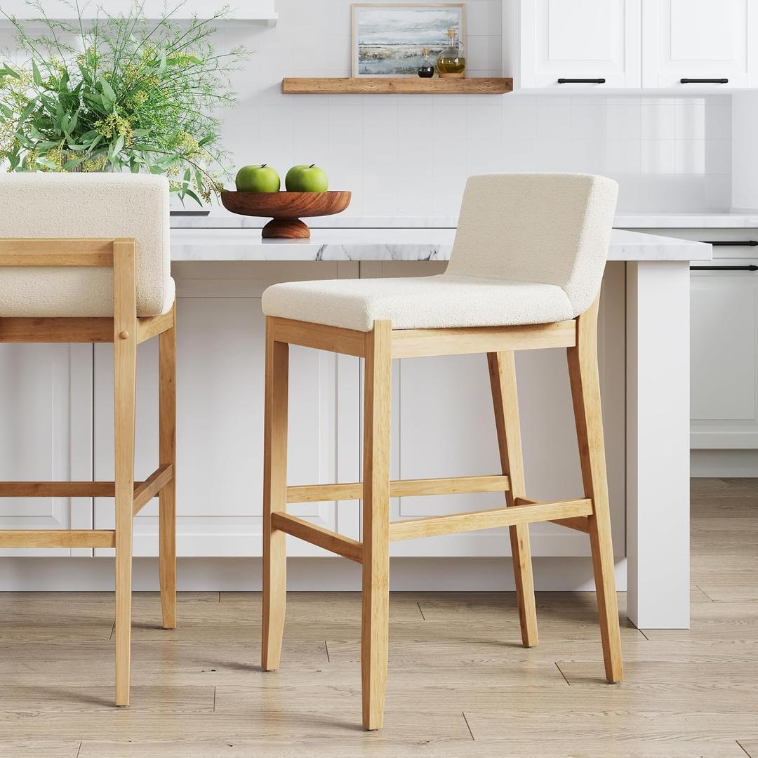 Nathan James Gracie Modern Upholstered Bar Stool, Wooden Bar Stool for Kitchen Island with Boucle Upholstery, Cream Boucle/Warm Pine, Bar Height - Single