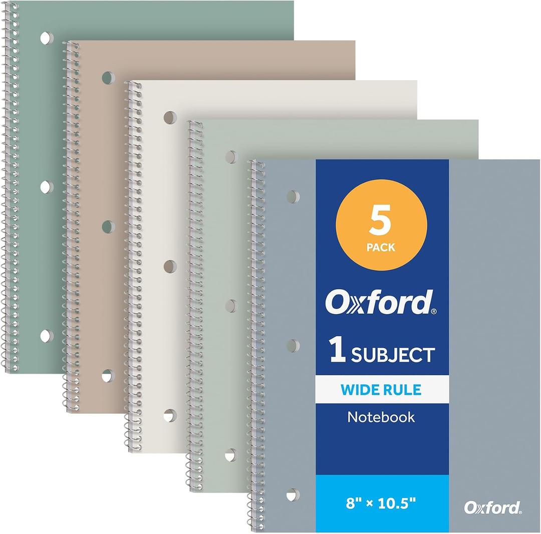 Oxford Spiral Notebooks, 5 Pack, Wide Ruled, 70 Sheets, Earthtone Covers | 3 hole punched to fit any binder. Perforated sheets tear out easily. Color coded covers. One notebook per subject.