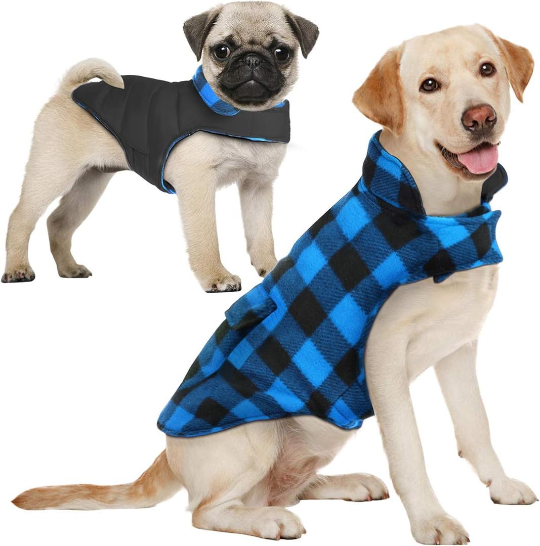 AOFITEE Dog Coat Plaid Dog Winter Coat for Large Dogs, Warm Dogs Jacket Christmas Sweater, Waterproof Pet Puffer Jacket, Reversible Pet Cold Weather Coats for Small Medium Large Pets, Blue, XXXL