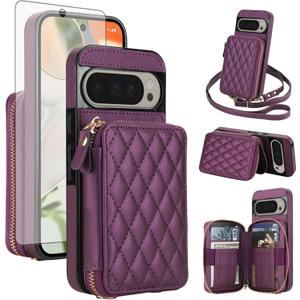 Asuwish Phone Case for Google Pixel 9/9 Pro/10/10 Pro 5G Wallet Cell Cover with Tempered Glass Screen Protector Strap RFID Blocking Card Holder Pixel9 9Pro/Pixel10 10Pro Nine Ten Women Men Dark Purple