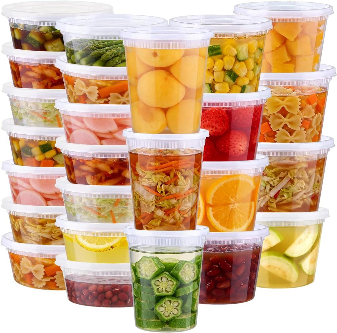 Lamosi 60 Sets Deli Containers with Lids, 8/16/32 oz Quart Containers BPA Free, Airtight Takeout Plastic Food Storage Container, Stackable Leakproof Microwave & Freezer Safe for Soup, Sauce & Leftover