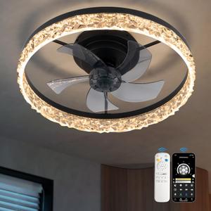 CubiCubi Ceiling Fans with Lights, 20 Inch Crystal Style Low Profile Ceiling Fans with Lights and Remote Control, APP, Ultra Quiet Modern Ceiling Fan with 3CCT and 6 Wind Speeds, LED Fans for Bedroom (Graphite)