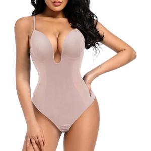 Decorus Women's Low Back Shapewear Tummy Control Deep V Neck Backless Body Shaper Plunge Thong Bridal Bodysuit Built in Bra (X-Large, Pink)