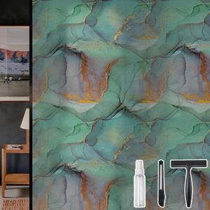 DKTIE Marble Texture Privacy Window Film with Installation Tools, Static Cling No Glue Window Marble Stained Glass Window Film Coverings Glass Sticker for Home for Bathroom Living Room Glass Film (35.4'' x 78.7'' (with tools), Jadeite Green)