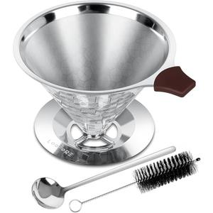 Pour Over Coffee Dripper, LOOFORE Stainless Steel Coffee Filter 1-4 Cup, Metal Cone Filter Paperless Reusable Coffee Filter, Double Mesh Design with Spoon and Cleaning Brush