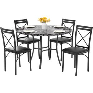 VECELO 5 Piece Dining Table Set for 4, Faux Marble Dinette with Chairs for Kitchen, Breakfast Nook, Small Space, Black