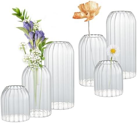 Bud Vases in Bulk Set of 5, Glass Small Vases for Flowers, Modern Cylinder Ribbed Vases for Wedding Centerpiece, Living Room Decorative, Home Decor