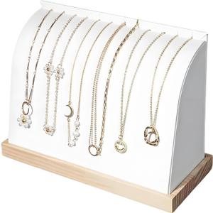 Cambered Necklace Display Stand with Leather Soft Mat Wood Jewelry Organizer Tabletop Display Holder for Necklaces, Choker Pendant (White)