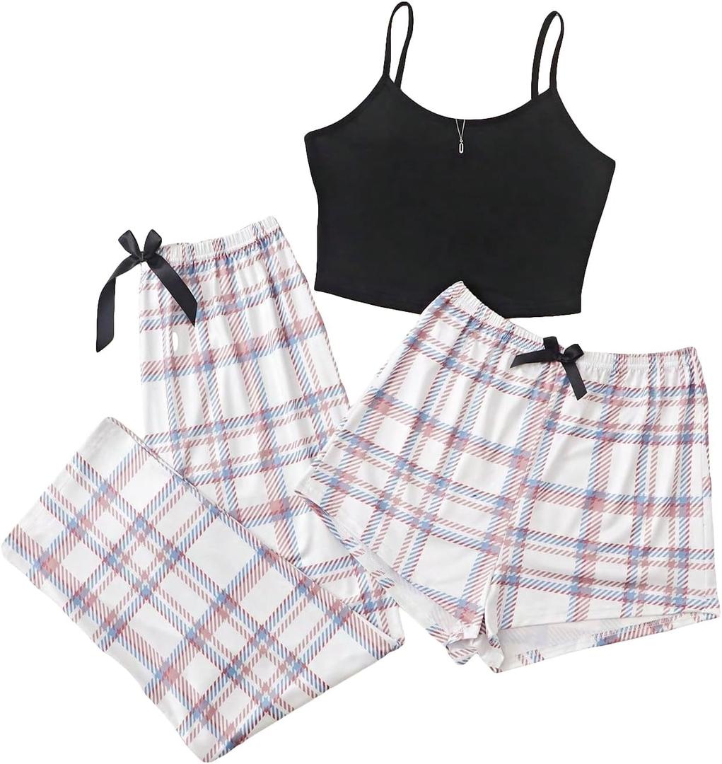 OYOANGLE Women's 3 Piece Pajama Set Cami Top and Plaid Print Shorts Pants Pj Set Loungewear (White, L)