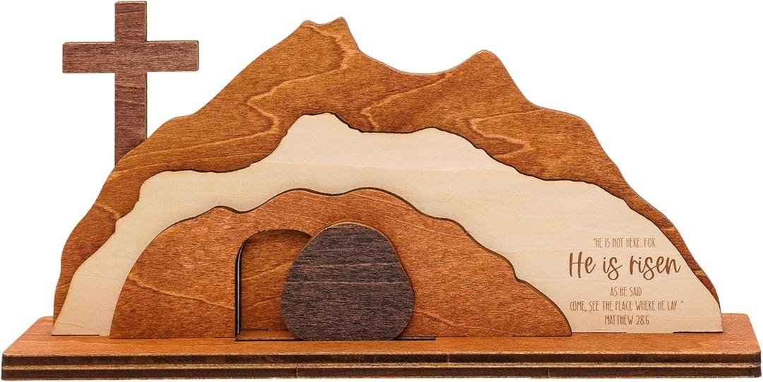 3 x He is Risen Easter Decor, Empty Tomb Easter Decoration, Resurrection Decorations, Christian Gifts, Wooden Cross Display for Tabletop Christian Home Decor Religious Easter Scene for Indoor Use