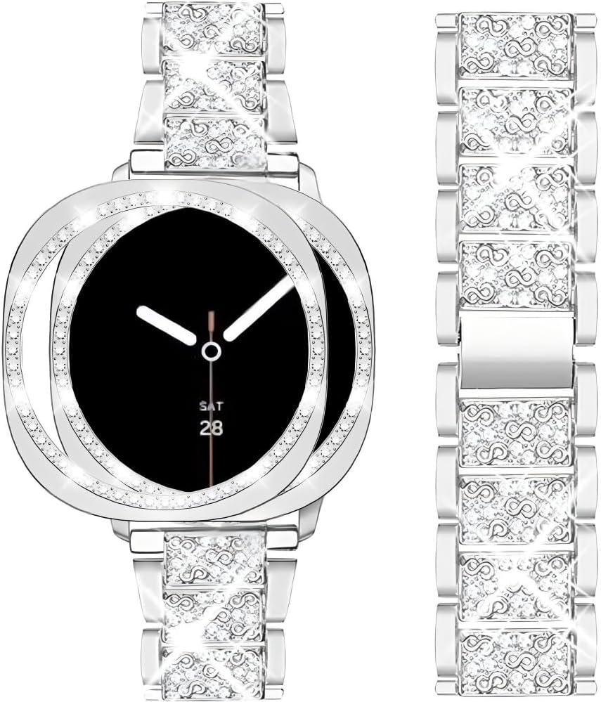 Mosonio Compatible with Samsung Galaxy Watch 8/7/6 Bands 40mm/44mm, 20mm Bling Metal Bands with Bling Protective Cover Case for Women, Shiny Watch Replacement Strap for Daily Wear (Silver)