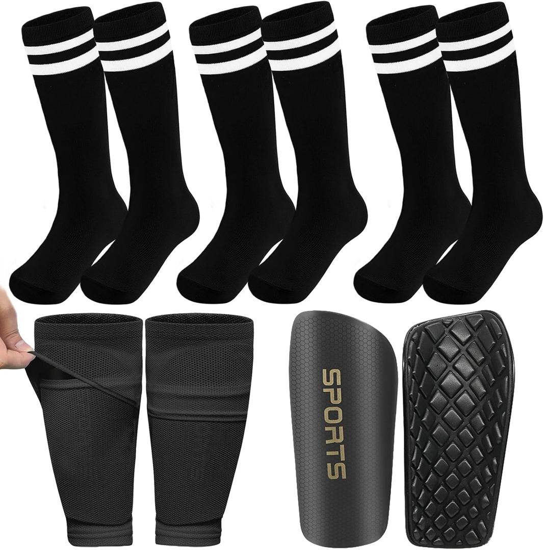 5PCS Kids Soccer Socks with Shin Guards and Shin Sleeves Set for for Age 5-12 Boys Girls Lightweight Soccer Football Equipment (Medium, Black)