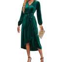 ETOSELL Women's Velvet V Neck Puff Sleeve Dress for Wedding Guest Cocktail Elegant Bodycon Party Midi Dress Green, XL