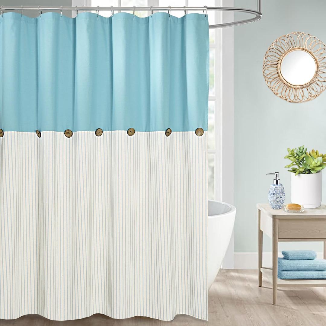 Farmhouse Teal Shower Curtain for Bathroom,Beige and Teal Stripe,Button Curtain,Cotton Blend Woven Fabric,Rustic Charm Country Chic Style,72x72 in