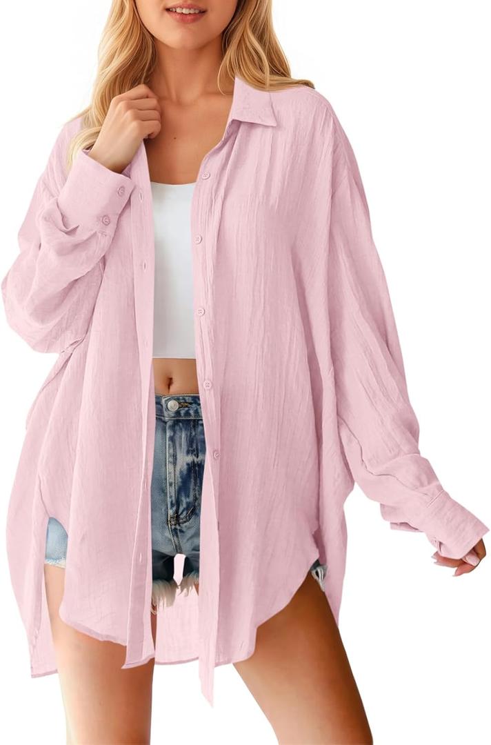 Saodimallsu Womens Oversized Button Down Shirts Long Sleeve Irregular Hem Blouse Tops (Small, Pink)