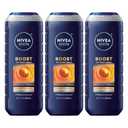 NIVEA MEN Boost Body Wash, Citrus Scent and Caffeine Enriched, 3-in-1 Men's Body Wash, Face and Hair, Paraben Free, Vegan Formula, 16.9 Fl Oz Bottle, Pack of 3