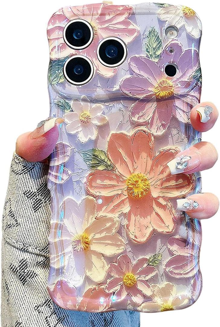 UEEBAI Flower Case for iPhone 17 Pro Max Case, Colorful Retro Oil Painting Girly Phone Cover Pretty Glossy Pattern Wave Cover Cute Sparkly Floral Curly Shell for Women and Girl, Pink Purple