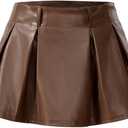 SweatyRocks Women's PU Leather A Line Mini Skirt Flared Hem Pleated Skirts with Shorts (Brown, S)