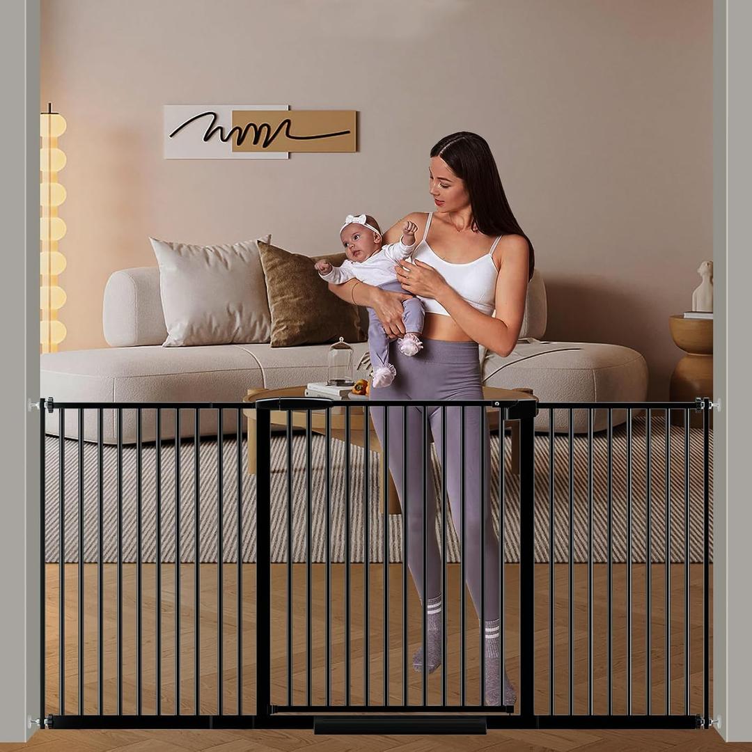 DEARBB Extra Wide Baby Gate Ultra Narrow Spacing 30.11-77.36" Pressure Mounted Double Lock Swing Auto Close Walk Through Metal Safety Pet Gate for Stairs and House Doorway Kitchen (61.61"-69.48", Black)