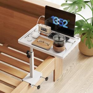 NiHome Bedside Shelf with Rotating Foldable Tray, Height-Adjustable Clip On Bed Side Tray Table, Overbed Table Fits Bed Frames 0.7"-2.7" Wide for Dorms, Apartments, Bedrooms,Dorm Essentials(All White)