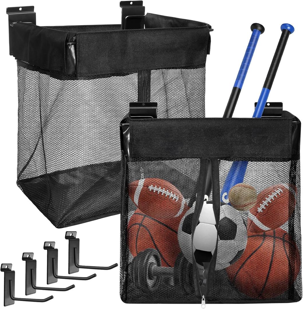 Fondpen Large Mesh Slatwall Baskets 2 Sets, 16x16x12 Inch Slat Wall Mesh Baskets with 4 Hooks, 48L Mounted Hanging Slatwall Basket for Shop Garage Gym Toy Display Storage Panel Accessories