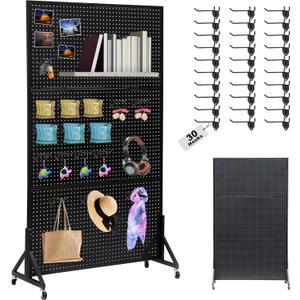 Eastern Tree Metal Pegboard Display Stand 3.5 x 6 Feet with 30 Hooks, Standing Pegboard Display with Wheels, Peg board Display Rack, Large Pegboard Panels - Black