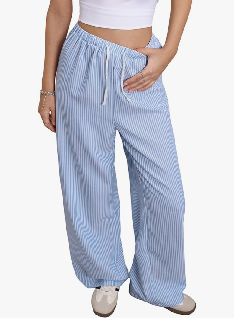Women's Striped Print Straight Wide Leg Linen Pants Drawstring Waist Slant Pockets Pants Casual Long Pants Small