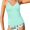 NECIOUS Girls Swimsuit 2 Piece Bathing Suit Halterneck Ruched Tankini Sets Printed Girls' Swimwear for 9-16 Years (13-14 Years, Mint Green)