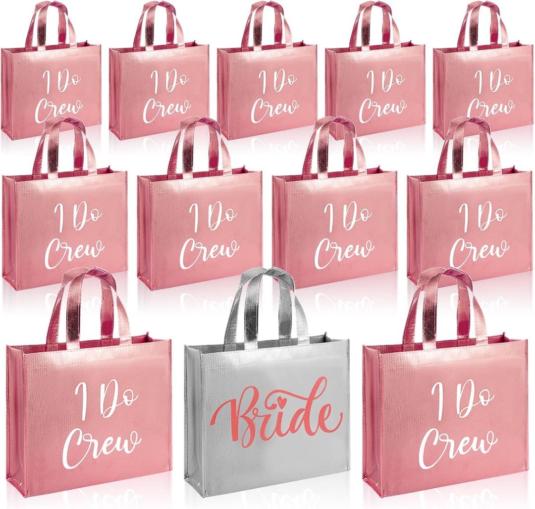 Cindeer 12 Pcs Let's Go Girls Bridesmaid Bags Holographic Bachelorette Gift Bags Glossy Bags(Silver, Rose Gold,I Do Crew)