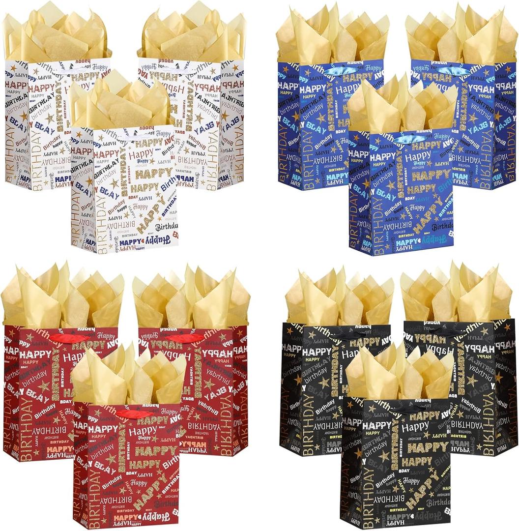 OfficeCastle 12 Pack Birthday Bags with Tissue Paper, 7x4x9 Inches Gift Bags, Paper Bags for Party, Celebration, Birthday