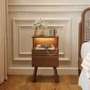 Nightstand with Charging Station, 3 Color Dimmable LED Lights, 1 USB Ports and 2 AC Outlets, Flip-Down Storage Door, Bedside Table for Bedroom (Walnut 14.2")