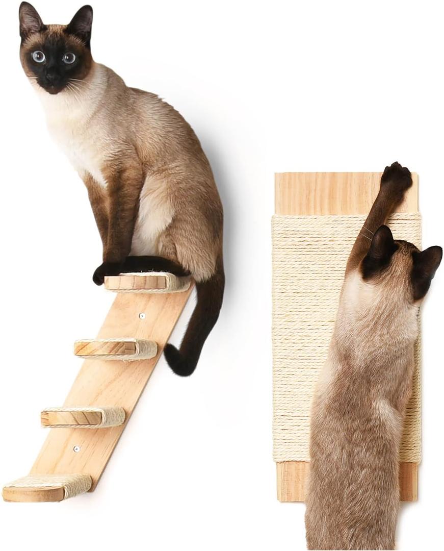 Cat Wall Shelves - Four Step Cat Shelf with Scratch Board, Cat Shelves and Perches for Wall, Sturdy Cat Wall Furniture for Indoor Cats, Cat Climbing Shelves, Cat Steps Wall Mounted