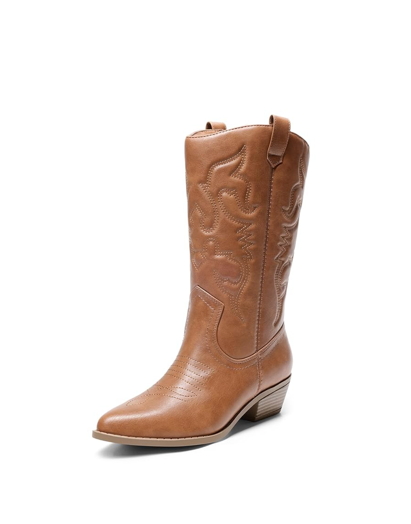 DREAM PAIRS Women's Cowboy Boots Pull On Cowgirl Boots Mid Calf Western Boots, 7.5 Size