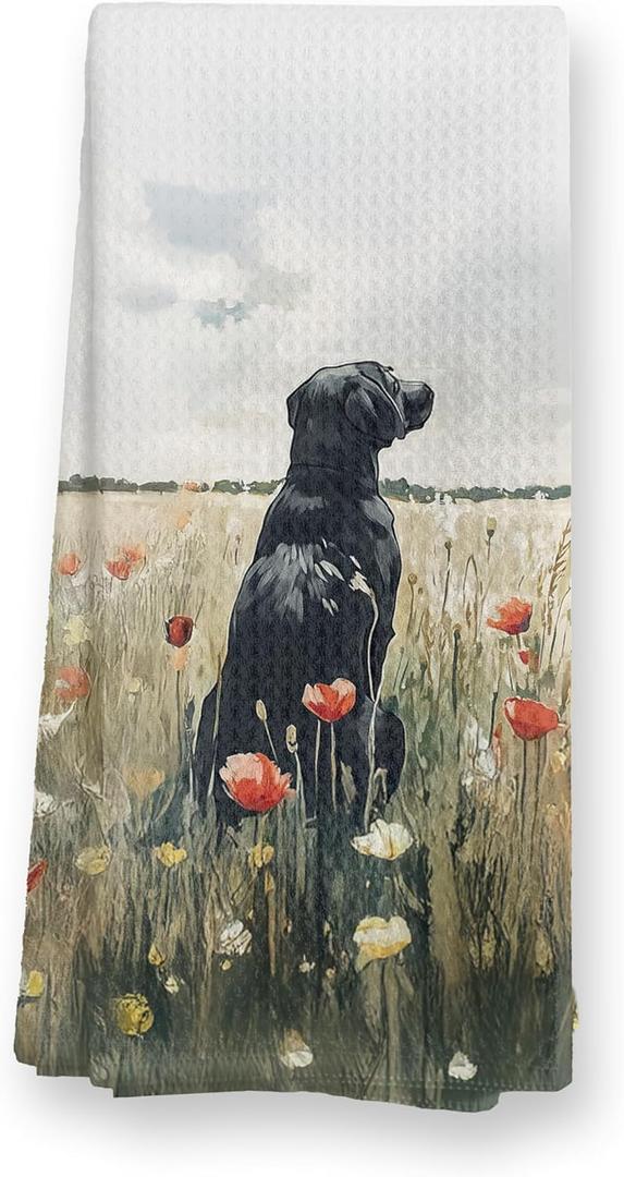 Labrador Retriever in Flower Field Kitchen Towels, Rustic Floral Black Lab Gifts Dish Towels for Kitchen, Labrador Decor Hand Towels, Labrador Retriever Gifts for Women,16x24 InchC066 (02child)