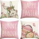 AVOIN colorlife Happy Easter Hunny Bunny Pink Throw Pillow Covers, 20 x 20 Inch Easter Eggs Bunny Spring Cushion Case for Sofa Couch Set of 4