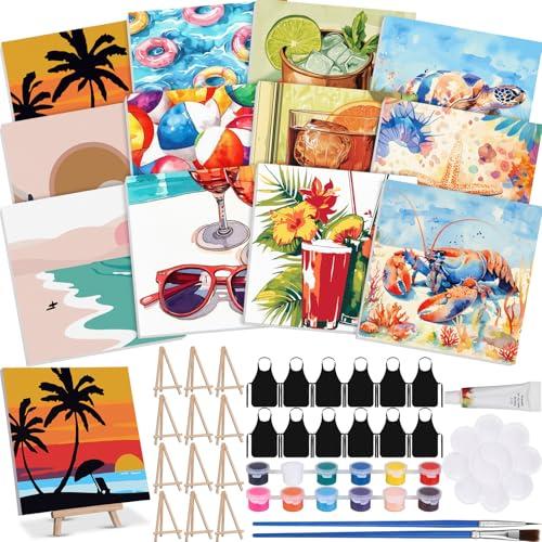 MotiMind 12 Sets Framed Paint by Number Kit for Adults with 12 Wooden Easels, 12 Disposable Apron, 12 Pigment 12 Brush, 12 Palette, DIY Acrylic Paint by Number Kits for Party(Summer)