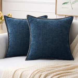 MIULEE Pack of 2 Couch Throw Pillow Covers 20x20 Inch Dark Blue Farmhouse Decorative Pillow Covers with Stitched Edge Soft Chenille Solid Dyed Pillow Covers for Sofa Bed Living Room