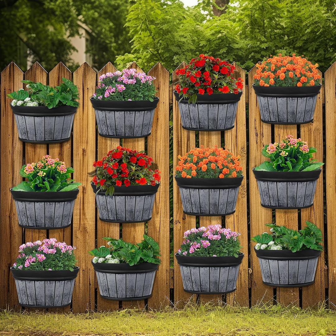 12 Pcs Wall Hanging Planters Outdoor Wine Barrel Planter Distressed Oak Thickened Plastic Water Storage Flower Pots for Plants Flower Indoor Outdoor Railing Fence (Black,10 Inch)