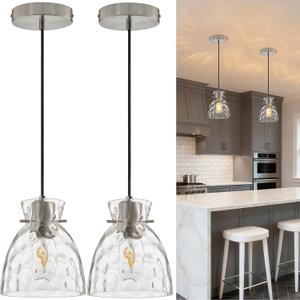 Brushed Nickel Pendant Lights Kitchen Island 2 Pack, 5.9 Mini Hammered Glass Pendant Light Fixtures, Adjustable Modern Hanging Lights Kitchen Pendant Lighting over Island Sink Bathroom Dining Room