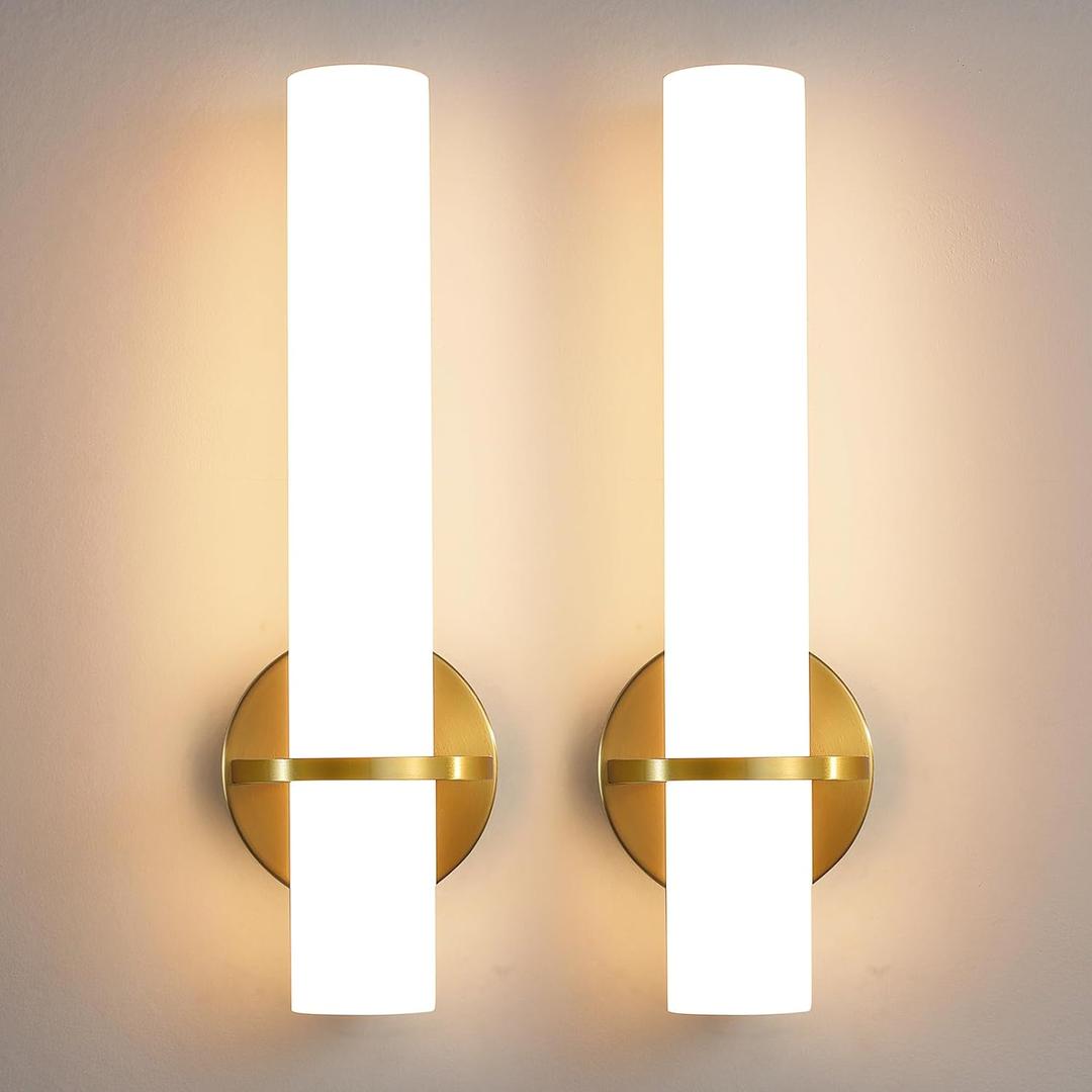 Wall Sconces - 15 inch Gold Wall Sconces Set of Two Modern Bathroom Sconce 15W Dimmable LED Wall Sconce Light with Acrylic Lampshade, Bathroom Vanity Light for Mirror Living Room Hallway 3000K (Hardwired (15in-2pcs)