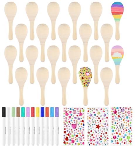 PLULON 20 Pcs Wooden Maracas for Kids, Mini Maracas with Multicolor Pens and Gem Stickers for Cinco De Mayo Unfinished Festival Painting Crafts Shakers Fiesta Mexican Birthday Party Favors Supplies