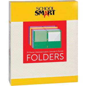 School Smart Smooth 2 Pocket Portfolio with Fasteners - 8 1/ 2 x 11 in - Pack of 25 - Assorted Colors