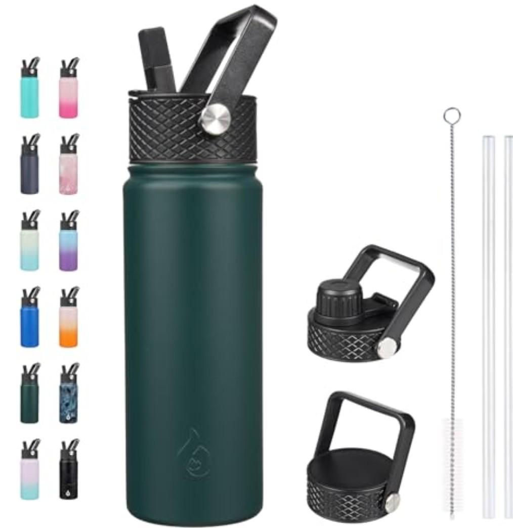 BJPKPK Insulated Water Bottles with Straw Lid, 22oz Cold & Hot Thermo, Stainless Steel Metal Water Bottle with 3 Lids, Reusable Thermo, Cups, Mugs for Daily Use-Army Green