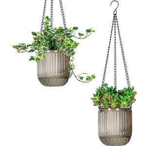 Josteve 4.5 Inch 2 Pcs Self Watering Hanging Planter Indoor Plant Pots Drainage Holes, Outdoor Small Hanging Planters Flower Pot Basket, Visible Water Level, Plant Hanger Home Decor, Gardening (Gray)