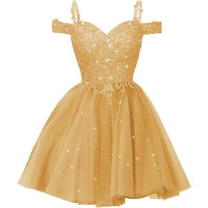 Sparkly Lace Applique Homecoming Dresses for Teens Short A-Line Puffy Glitter Tulle Formal Prom Dress (8, Gold)