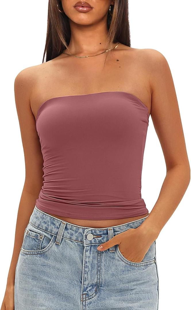 Darong Womens Padded Tube Tops Bulit in Bra Strapless Crop Tops Bandeau Double Lined Basic Going Out Tank Top (Small, Merlot)