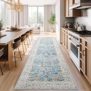 jinchan Hallway Runner Rug 3x10 - Vintage Kitchen Rug Washable Runner Floral Boho Floor Cover Lightweight Non Slip Thin Retro Distressed Carpet for Bathroom Laundry Room Bedroom Stairway Light Blue